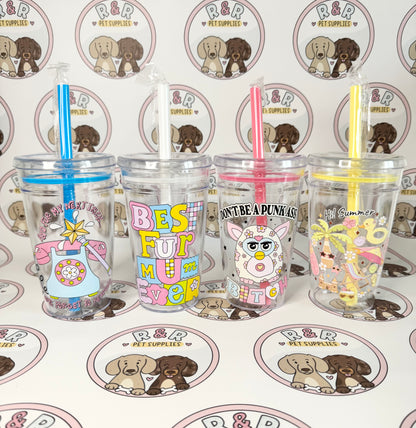 16oz Plastic Beakers With Lids & Straws